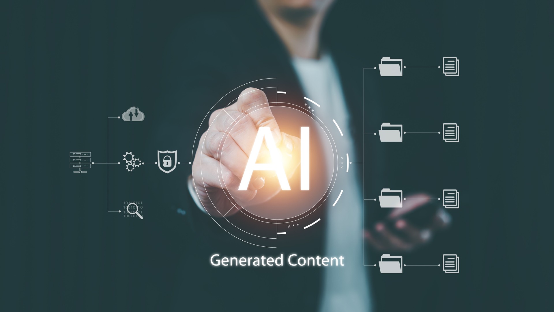 Businessman touch virtual screen to operate artificial intelligence technology to Generated Content by digital pen